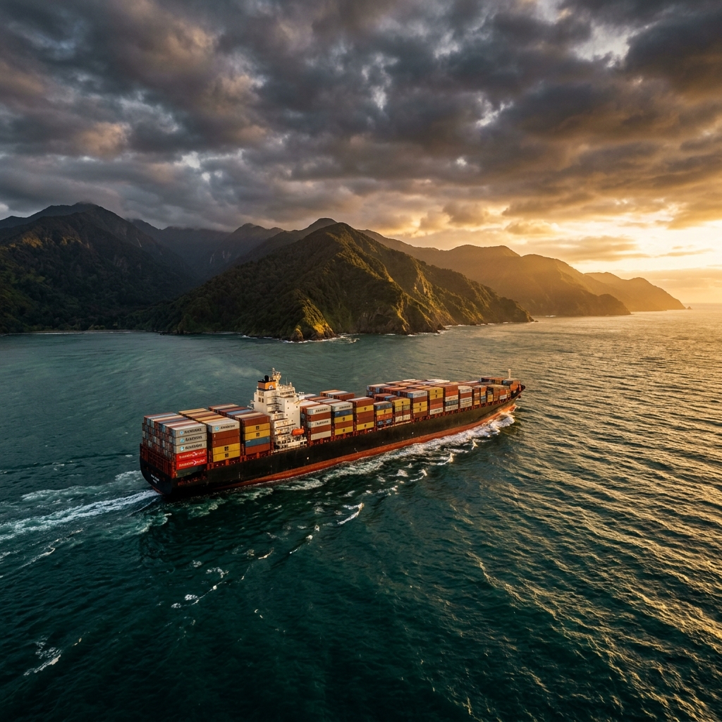 Cargo ship sailing through New Zealand waters at golden hour